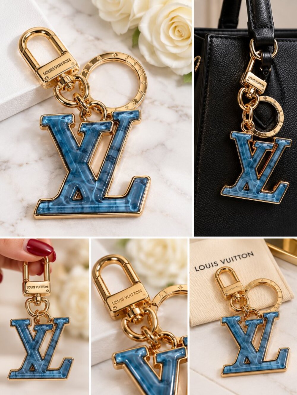 Blue Marbled Monogram Bag Charm Keychain Gold Tone Hardware